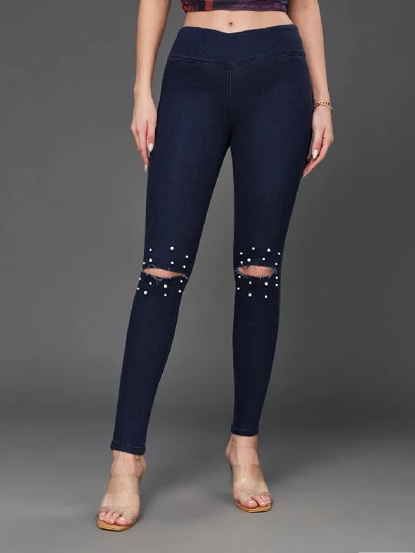 Women's Navy Blue Super Skinny High Rise Clean Look Regular Length Knee Slit Embellished Stretchable Denim Jeggings