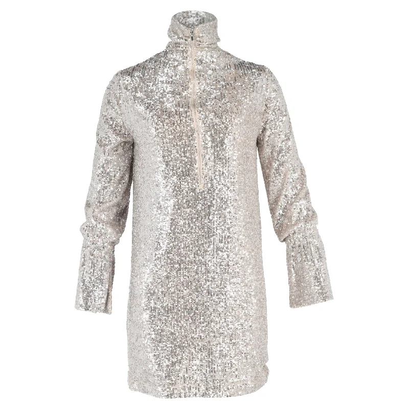 Zadig & Voltaire Half-Zip Mini Long Sleeve Dress in Silver Sequin