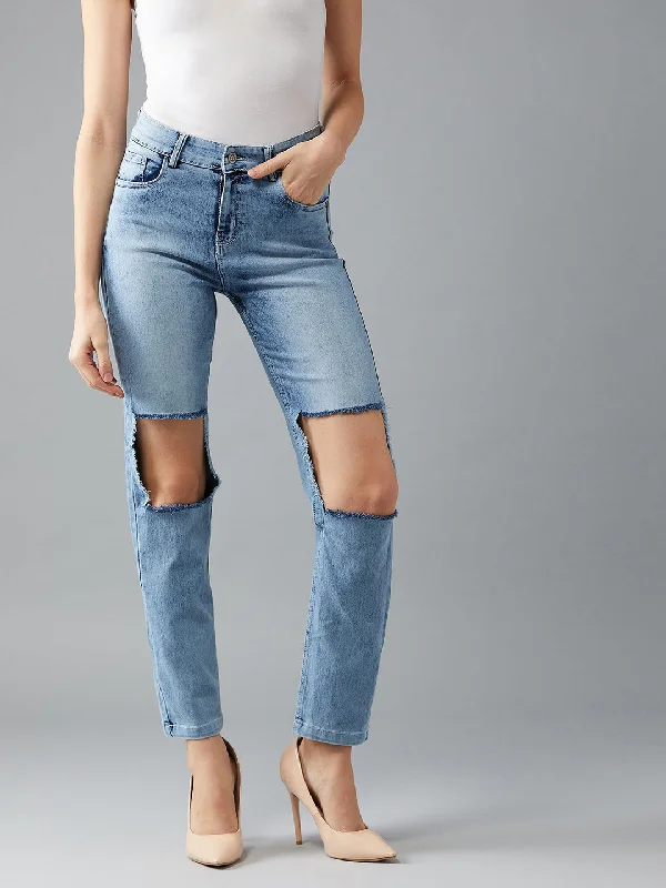 Women's Light Blue Slim Fit High Rise Clean Look Knee cut-out and Eyelet detailing Regular length Stretchable Denim Jeans