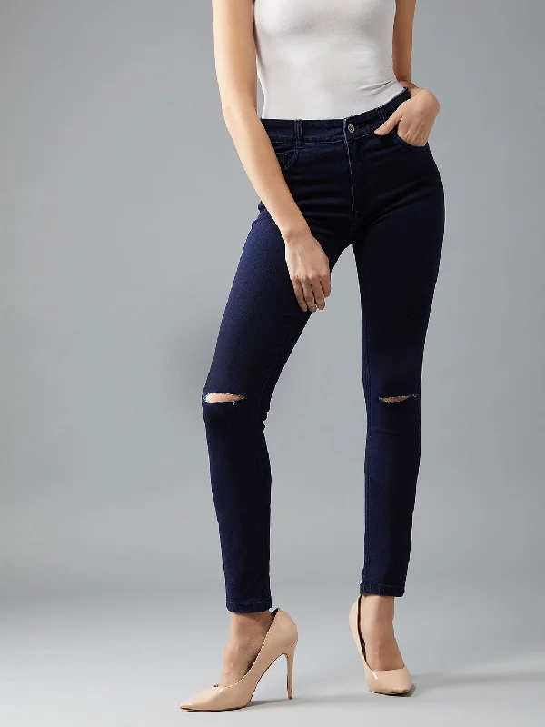 24/7 comfort Women's Navy Blue Skinny Fit High Rise Regular Length Clean Look Knee Slit Denim Stretchable Jeans