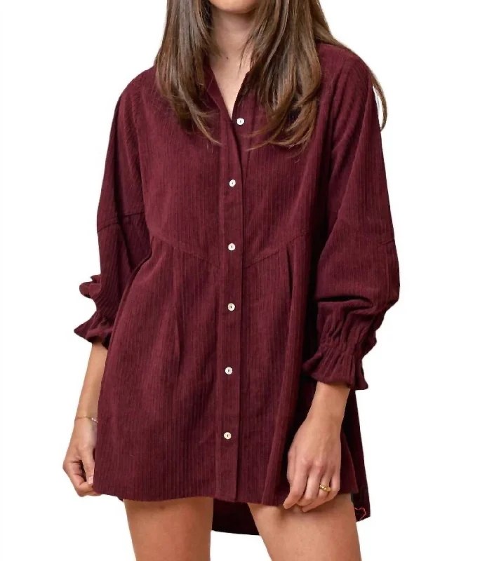 Allison Corduroy Button Up Shirt Mini Dress In Burgundy