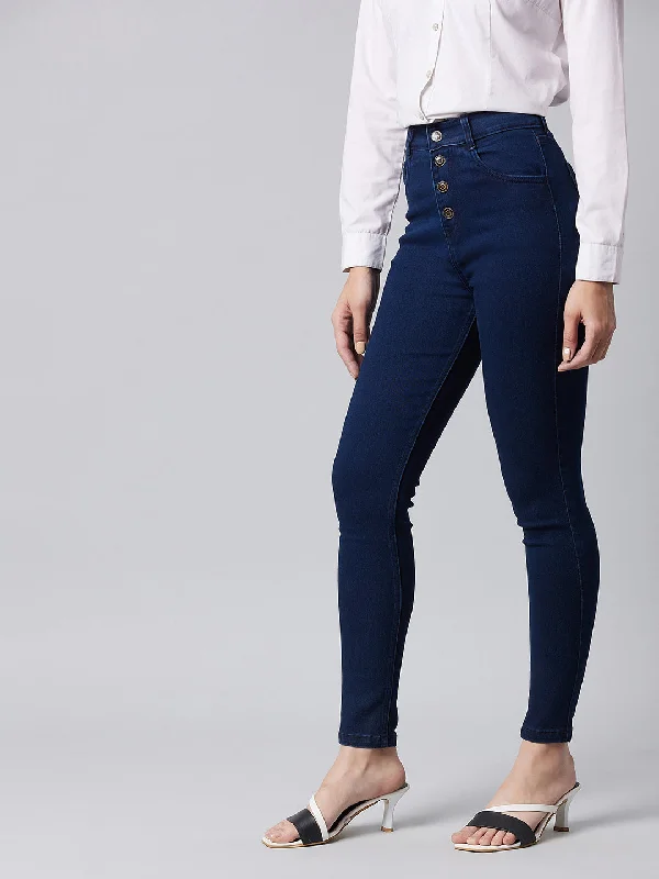 Women's Navy Blue Skinny Fit High Rise Clean Look Regular Stretchable Denim Jeans