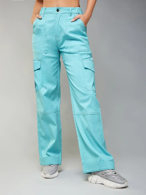 Women's Turquoise Wide-Leg High Rise Clean Look Regular-Length Stretchable Denim Pants