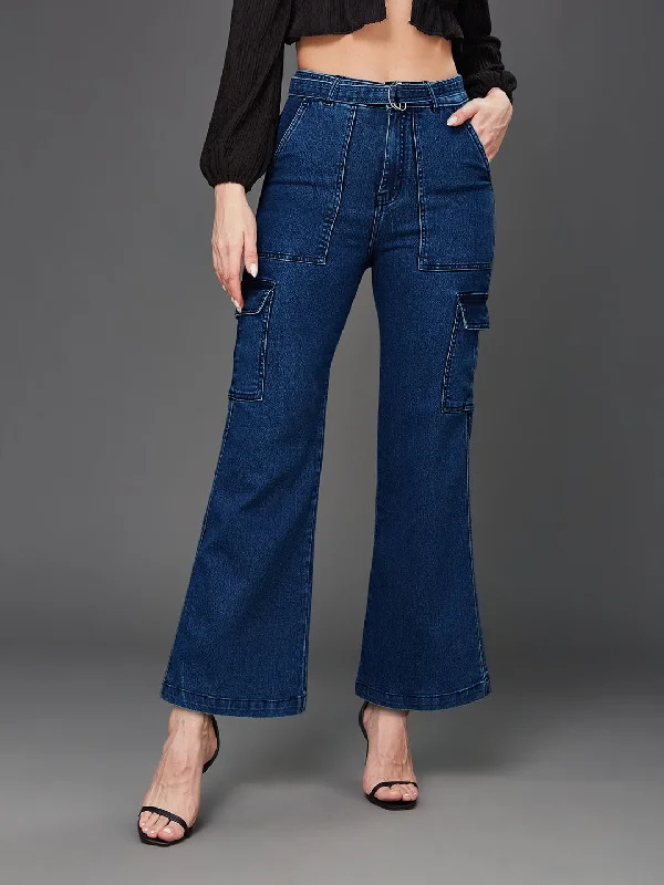 24/7 Comfort Women's Blue Wide Leg High Rise Cargo Denim Jeans