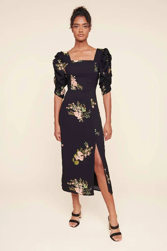 Jasleen Floral Ruched Sleeves Midi Dress in Black