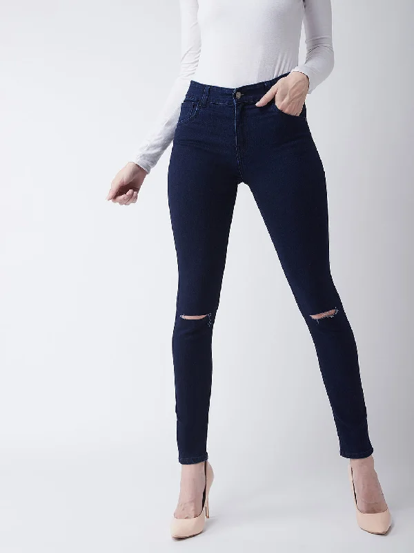 24/7 comfort Women's Navy Blue Skinny Fit High Rise Regular Length Clean Look Knee Slit Denim Stretchable Jeans