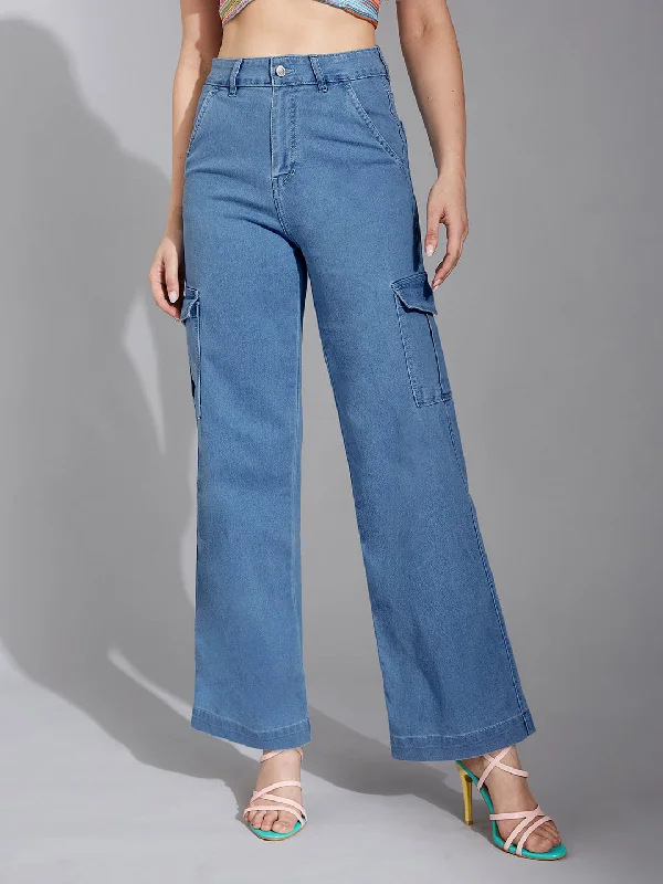 24/7 Comfort Women's Blue Wide leg High rise Clean look Regular Stretchable Denim Jeans