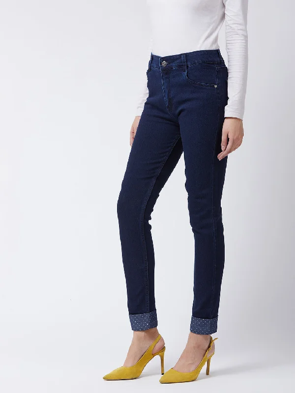 Women's Navy Blue Skinny Fit Mid Rise Cropped Printed Turner Detailing Length Denim Stretchable Jeans