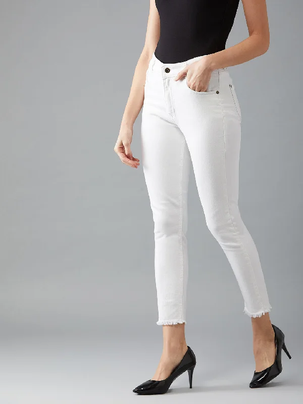 Women's White Skinny Mid Rise Bleached Clean Look Cropped Stretchable Denim Jeans