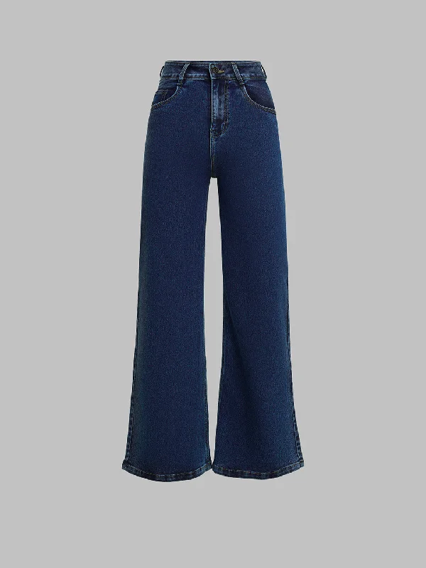 24/7 comfort Women's Mid Blue Wide-Leg High-Rise Clean Look Regular-Length Stretchable Denim Jeans