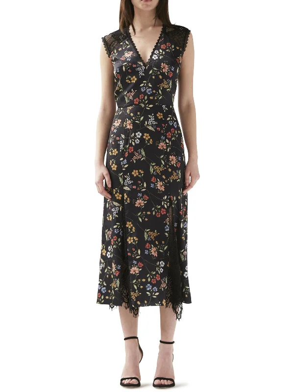 Womens Satin Floral Midi Dress