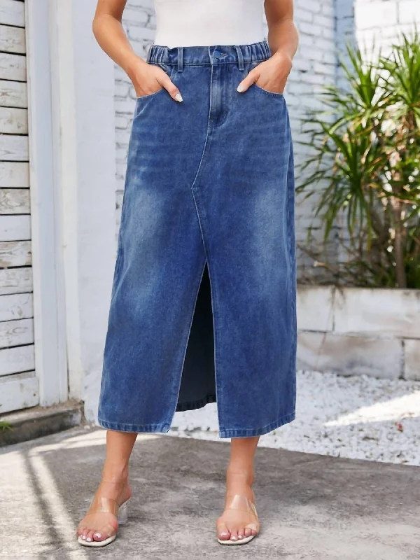 Elastic-Waisted Slit Denim Skirt In Dark Blue