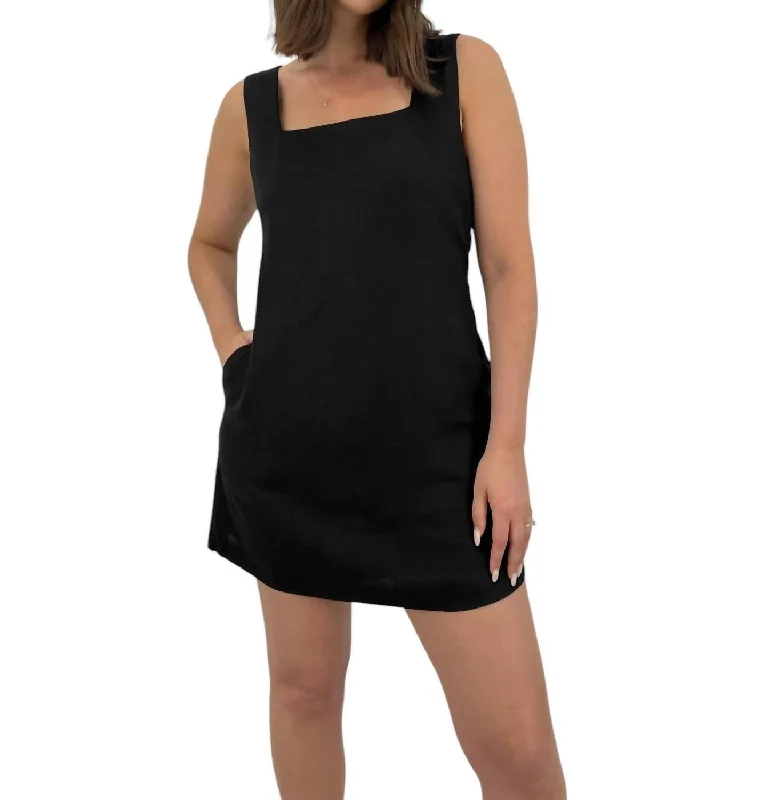 Square Neck Linen Mini Dress In Black