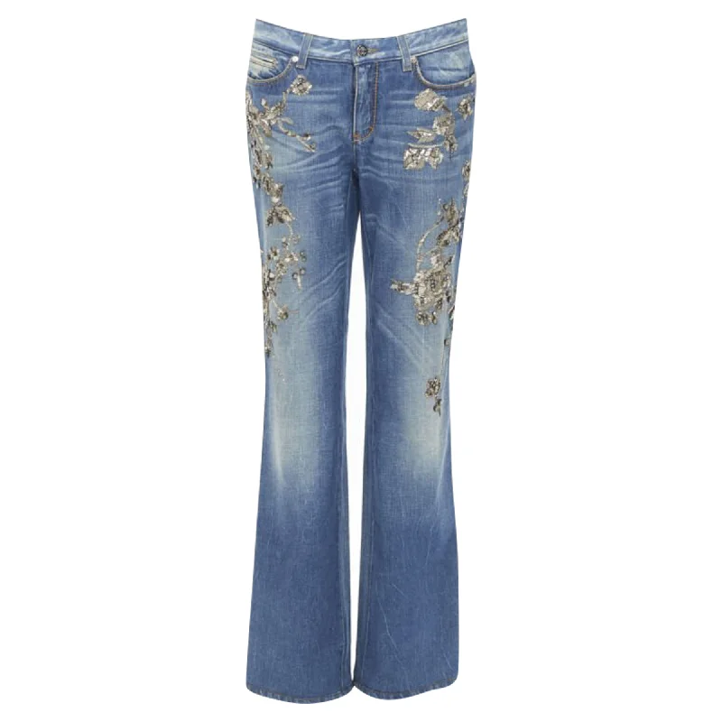 Roberto Cavalli silver bead crystal floral embellished boot cut Jeans