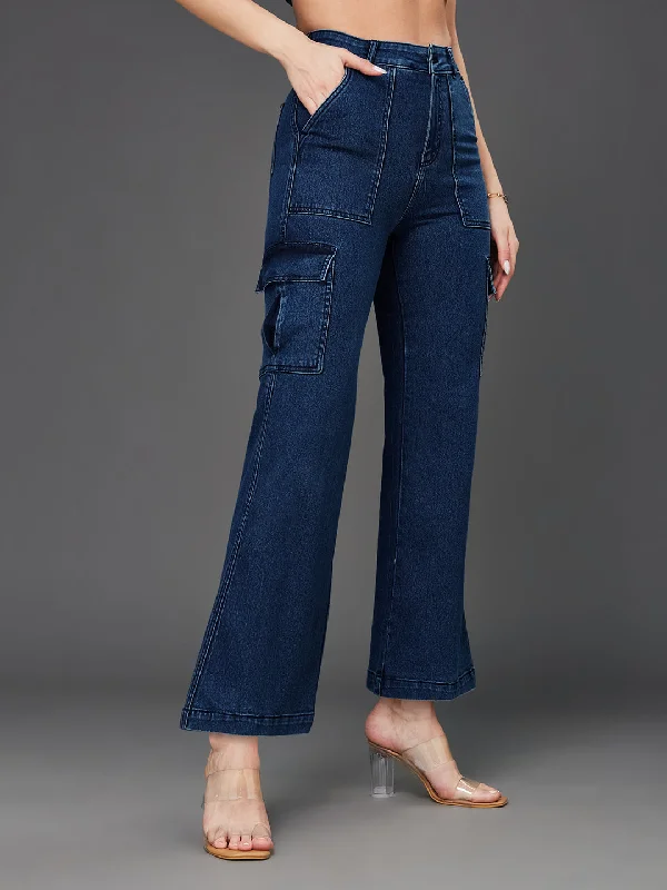 24/7 Comfort Women's Blue Wide-Leg High-Rise Stretchable Denim Cargo Jeans