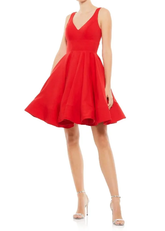 V Neck Fit & Flare Mini Dress In Red