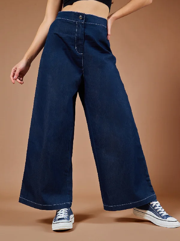 Women's Navy Blue Wide-Leg High Rise Denim Pants