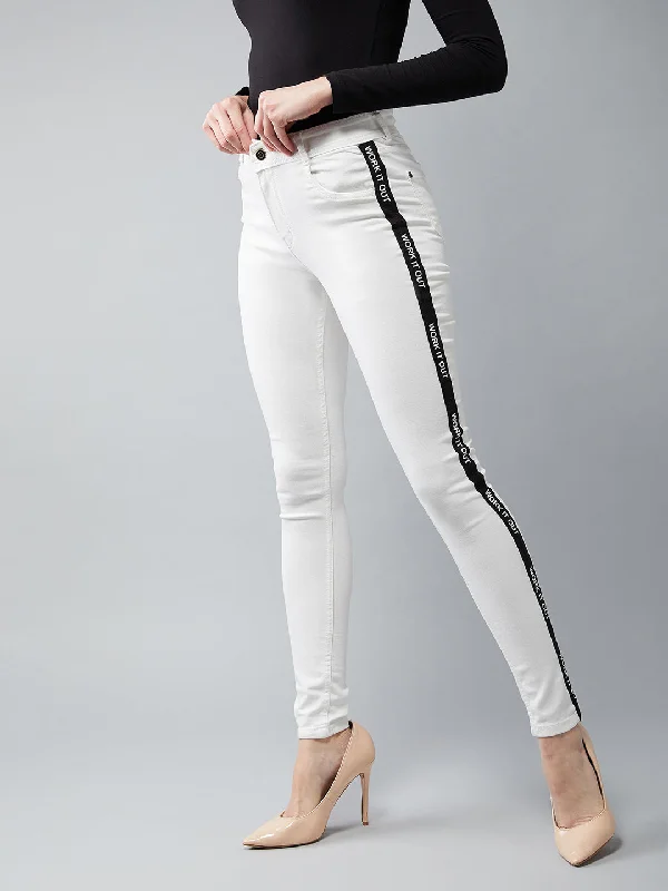 Women's White Skinny Mid Rise Twill Tape Detailing Stretchable Denim Jeans