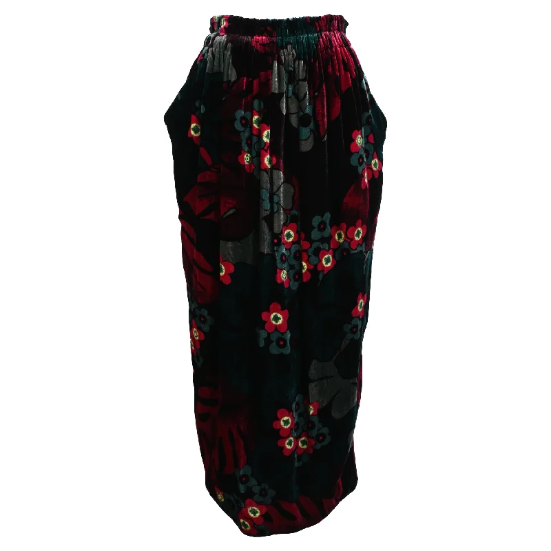 Dries Van Noten Floral Velvet Midi Skirt in Green Viscose