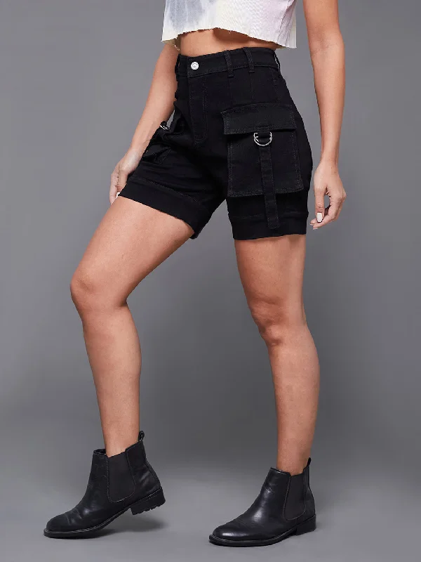 Women's Black Flared High Rise Stretchable Denim Shorts