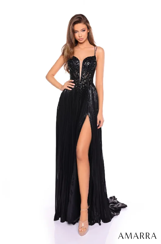 Amarra 88113 Pleated Long Formal Metallic Prom Dress