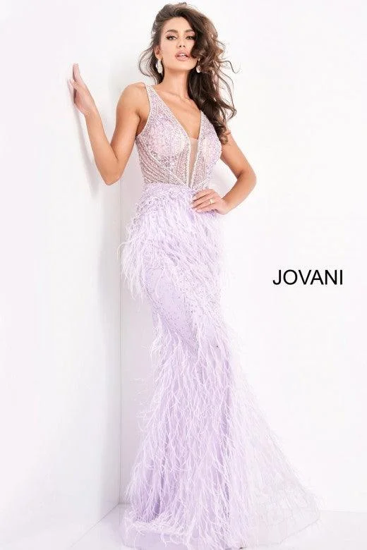 Jovani 03023 Prom Long Sleeveless Feather Dress Lilac