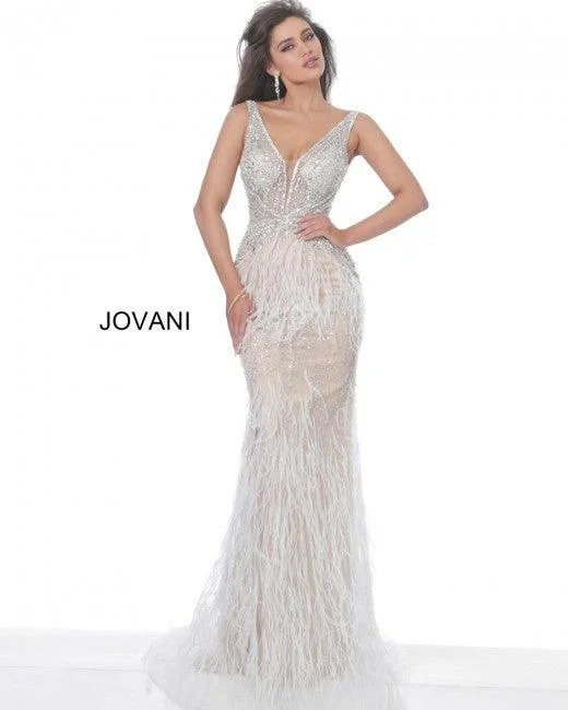 Jovani 03023 Prom Long Sleeveless Feather Dress Off White