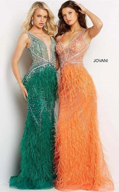 Jovani 03023 Prom Long Sleeveless Feather Dress Orange