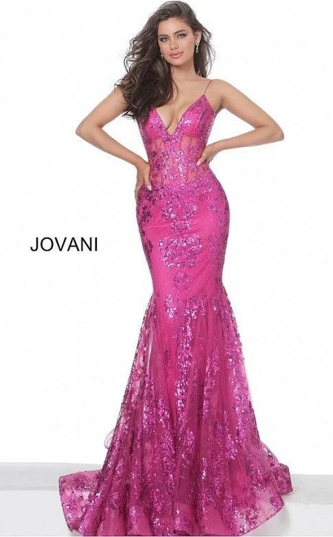 Jovani 3675 Prom Long Spaghetti Straps Mermaid Gown Berry